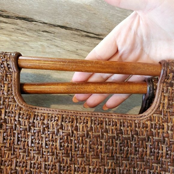 Fossil‎ Brown Straw Rattan Woven Bohemian Shoulder Bag Wooden Handles 11 X 8 - Picture 4 of 12